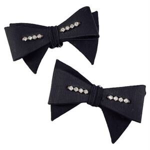 Vintage 1950s Black Rhinestone Bow Shoe Clips Pair Satin Grosgrain Old Hollywood